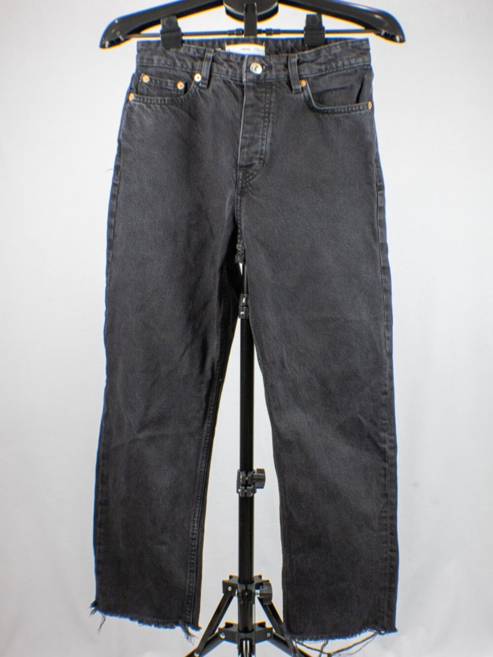 MNG Mango Havana High Waisted Straight Leg Cropped Black Jeans Raw Hem Size 3